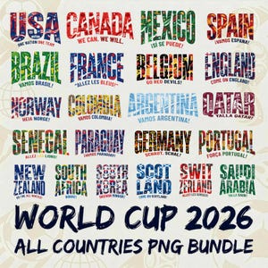 May include: A graphic featuring the text "USA", "Canada", "Mexico", "Spain", and other countries' names in colorful, flag-themed designs. The words "World Cup 2026" and "All Countries PNG Bundle" are also displayed.