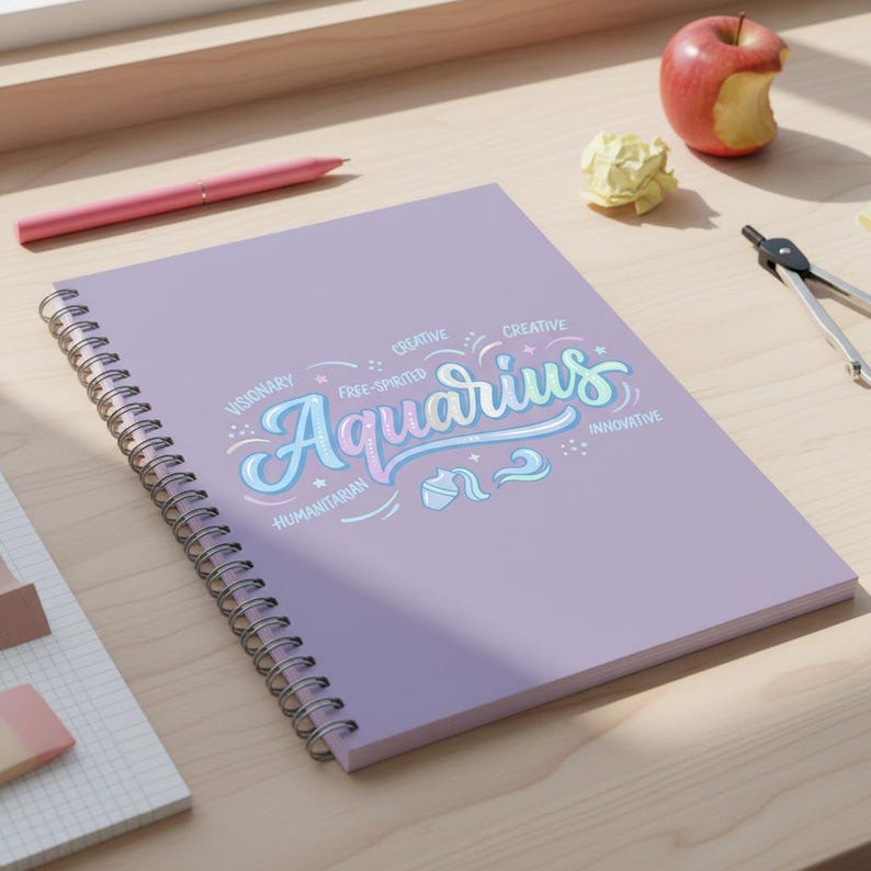 May include: A spiral-bound notebook with a lavender cover featuring the word "Aquarius" in a whimsical, multi-colored script. The design includes additional words like "Visionary" and "Creative". A pink pen and a partially eaten apple are also visible.