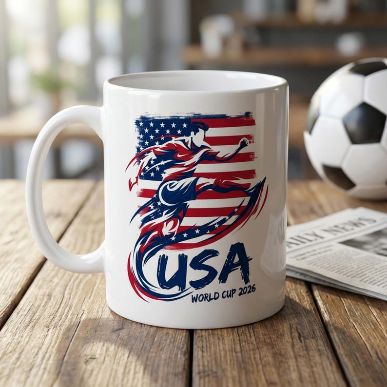 Może przedstawiać: Biały ceramiczny kubek z grafiką piłkarza kopiącego piłkę na tle amerykańskiej flagi. Słowo "USA" jest wyświetlane na niebiesko, z napisem "WORLD CUP 2026" poniżej. Piłka nożna i gazeta są w tle.