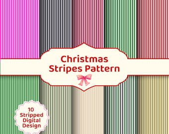 Christmas Stripes Digital Paper, Holiday Stripe Pattern Bundle, Scrapbook Paper Pack, Festive Digital Backgrounds, Xmas Patterns, 10 JPG