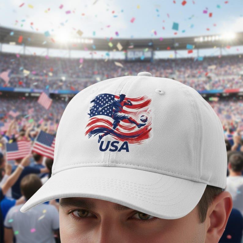 May include: White baseball cap featuring a graphic of a soccer player kicking a ball, set against a backdrop of the American flag in red, white, and blue. The word "USA" is printed below the graphic. The cap has a curved brim.