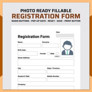 Pode incluir: Um formulário de inscrição branco com o texto "PHOTO READY FILLABLE REGISTRATION FORM". O formulário inclui campos para nome, data de nascimento, endereço e informações de contato. Ele também tem botões de rádio para seleção de gênero e um botão de reset.