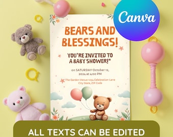 Editable Bear Themed Baby Shower Invitation - Cute Floral and Balloon Design - Bears and Blessings Invite - Digital Printable Template