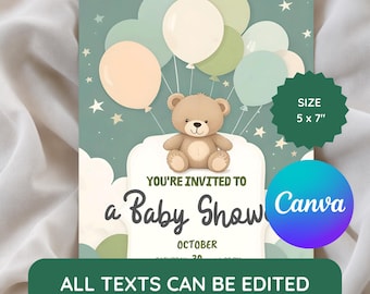 Bear and Balloon Themed Baby Shower Invitation, Editable Baby Shower Design, Digital Printable Template, Gender Neutral Canva Template