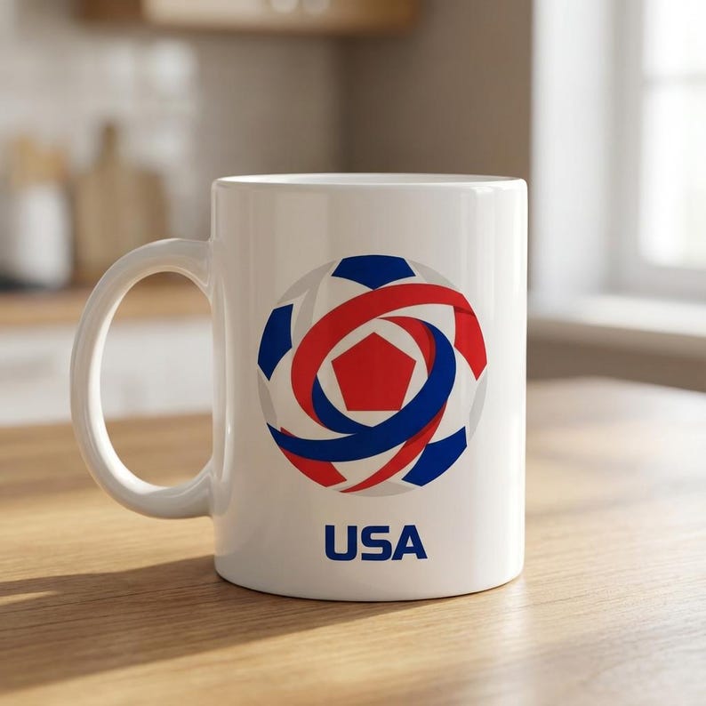 May include: White ceramic mug featuring a soccer ball design in red, blue, and white, with the word "USA" printed below. The mug has a curved handle and is set on a wooden surface.