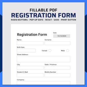 Op de afbeelding: Een invulbaar PDF-registratieformulier met velden voor naam, achternaam, geboortedatum, adres en contactgegevens. Het formulier bevat keuzerondjes voor geslacht en een datumveld vooraf ingevuld met 15/12/2024. Het formulier is wit met blauwe accenten.