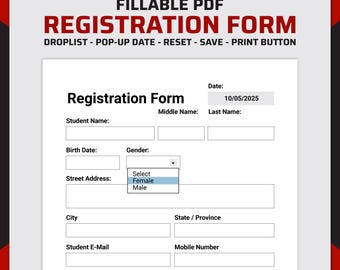 Ifyllningsbart PDF-registreringsformulär, redigerbart formulär, studentregistreringsformulär, evenemangsregistrering, direktnedladdning, kompatibel med Adobe Acrobat, PDF, A4