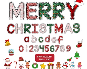 Alphabet de Noël PNG lettres de Noël chiffres Clipart Alphabet du père Noël PNG SVG polices de Noël Joyeux Noël Doodle Clipart polices de père Noël
