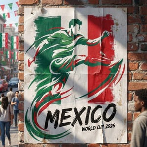 Może przedstawiać: Plakat na Mistrzostwa Świata FIFA 2026 w Meksyku, przedstawiający stylizowanego piłkarza kopiącego piłkę. Projekt zawiera kolory meksykańskiej flagi: zielony, biały i czerwony. Słowo "M&Eacute;XICO" jest widoczne, wraz z "WORLD CUP 2026". Plakat jest przymocowany do ceglanej ściany.