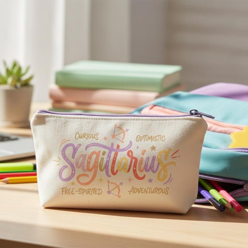 May include: A cream-colored canvas makeup bag with a purple zipper. The bag features the word "Sagittarius" in colorful script, along with the words "Curious, Optimistic, Free-Spirited, Adventurous."