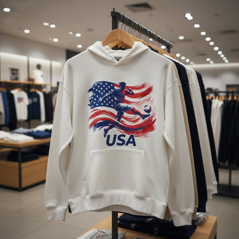 May include: White hooded sweatshirt featuring a graphic of a soccer player kicking a ball in front of a stylized American flag. The word "USA" is printed below the graphic. The sweatshirt has a kangaroo pocket and is hanging on a rack.
