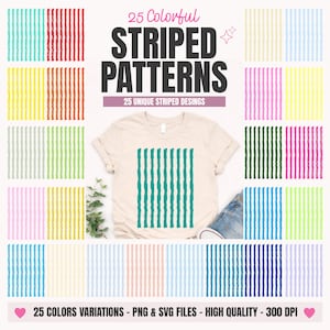 May include: A digital collection of 25 colorful striped patterns featuring various color combinations. The central graphic displays a beige t-shirt with a teal vertical striped design. Text includes 25 Colorful STRIPED PATTERNS and 25 COLORS VARIATIONS.