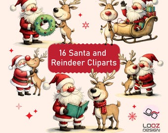 May include: A collection of 16 Santa Claus and reindeer cliparts. Santa is wearing a red suit and hat with a white beard. The reindeer are brown with antlers. The image includes the text "16 Santa and Reindeer Cliparts" and "300 DPI - HIGH QUALITY PNG FILES".