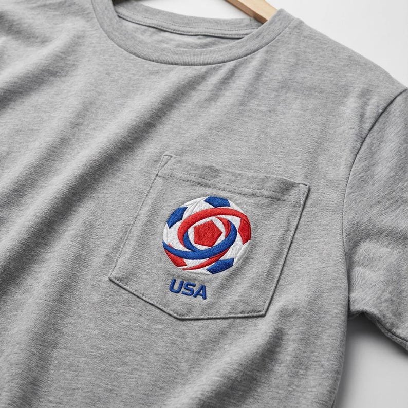 May include: A heather gray t-shirt with a pocket featuring an embroidered design. The design is a stylized soccer ball in red, white, and blue, with the word "USA" embroidered below it. The shirt is hanging on a wooden hanger.