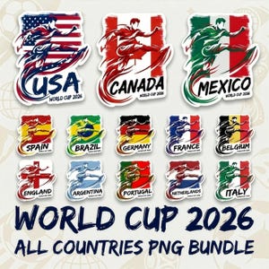 May include: A set of stickers showcasing flags and soccer players for the World Cup 2026. Countries represented include the USA, Canada, Mexico, Spain, Brazil, Germany, France, Belgium, England, Argentina, Portugal, Netherlands, and Italy.