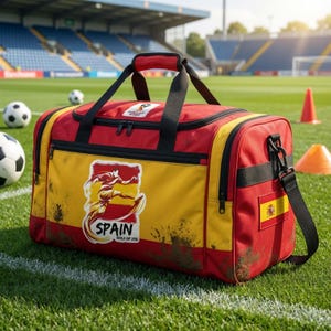Może przedstawiać: Czerwono-ż&oacute;łta torba sportowa Hiszpania World Cup 2018 z czarnymi akcentami. Posiada duży emblemat Hiszpanii i naszywkę z flagą. Zawiera pasek na ramię i g&oacute;rne uchwyty. Torba znajduje się na zielonym boisku.