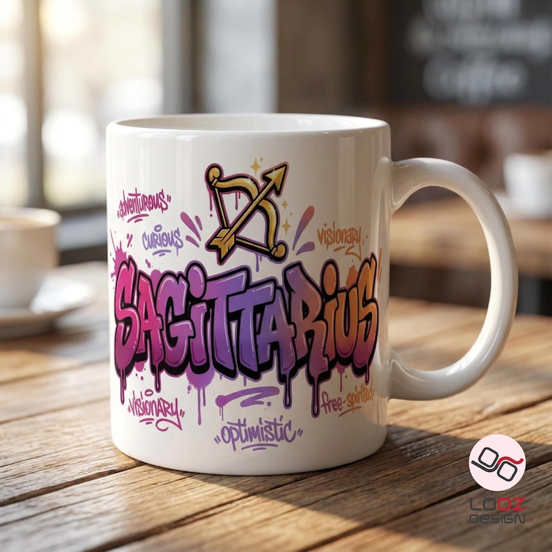 May include: White ceramic mug featuring a graffiti-style design with the word "SAGITTARIUS" in purple and orange. The mug also includes the Sagittarius symbol and words like "adventurous" and "optimistic".