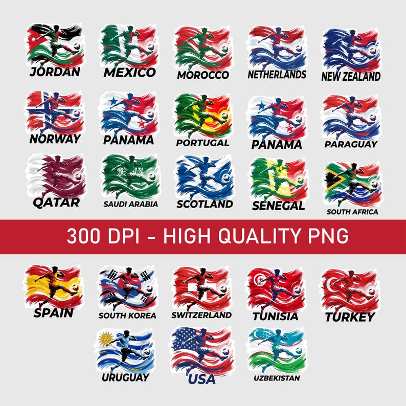 Puede incluir: Un conjunto de dise&ntilde;os de pegatinas con banderas de varios pa&iacute;ses, cada una con un jugador de f&uacute;tbol en acci&oacute;n. Las banderas est&aacute;n representadas con efectos de pinceladas din&aacute;micas. La imagen incluye el texto "300 DPI - HIGH QUALITY PNG".