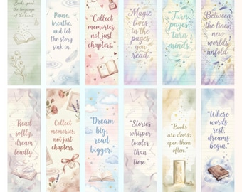 12 Watercolor Printable Bookmarks PNG, Watercolor Bookmarks Png Set, Bookish Quote Png, Digital Bookmark Bundle for Book Lovers, Library Art