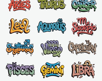 Zodiac Graffiti PNG SVG Bundle, Street Art Zodiac Signs Clipart, Astrology Signs PNG Set, Graffiti Style Astrology Horoscopes Shirt Png
