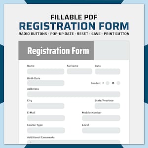 Puede incluir: Un formulario de registro PDF rellenable con campos para nombre, apellido, fecha, fecha de nacimiento, dirección, ciudad, correo electrónico, tipo de curso y comentarios adicionales. Incluye botones de opción para el género.