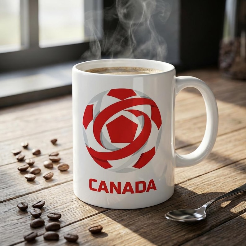 May include: A white ceramic coffee mug with a red and gray graphic design and the word "CANADA" in red. The mug is filled with coffee, and steam rises from the top. Coffee beans and a spoon are on the wooden surface.