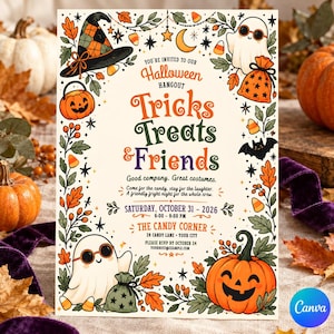 May include: A Halloween invitation card featuring a cream background with orange, green, and black illustrations of ghosts, pumpkins, a witch hat, and candy corn. The text reads: You're invited to our Halloween Hangout Tricks Treats & Friends.