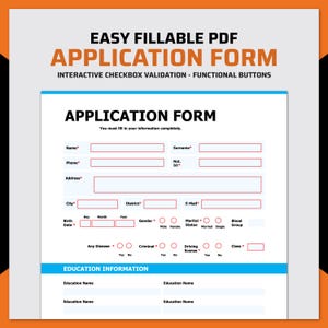 Puede incluir: Un formulario de solicitud blanco con campos de texto rojos y detalles azules. El formulario incluye campos para nombre, dirección y otra información personal. El texto "APPLICATION FORM" se muestra de forma destacada en la parte superior.