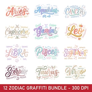 12 Zodiac Graffiti PNG-paket, Street Art Zodiac Signs Clipart, Graffiti-stil Astrologi Horoskop T-shirt PNG, Urban Horoskop PNG-set