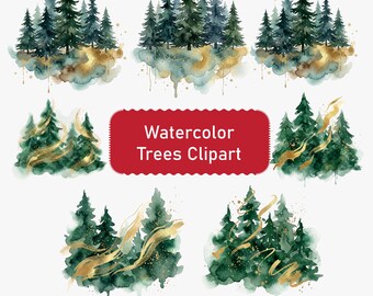 Watercolor Christmas Trees Clipart, Winter Forest PNG Bundle, Green Pine Tree Watercolor Set, Holiday Tree Clipart, Rustic Christmas PNG