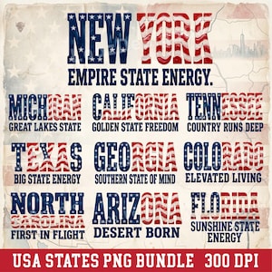May include: A digital graphic featuring the names of several U.S. states, including New York, California, and Florida, in a patriotic red, white, and blue design. Each state's name is accompanied by a descriptive phrase. The words "USA STATES PNG BUNDLE" are at the bottom.