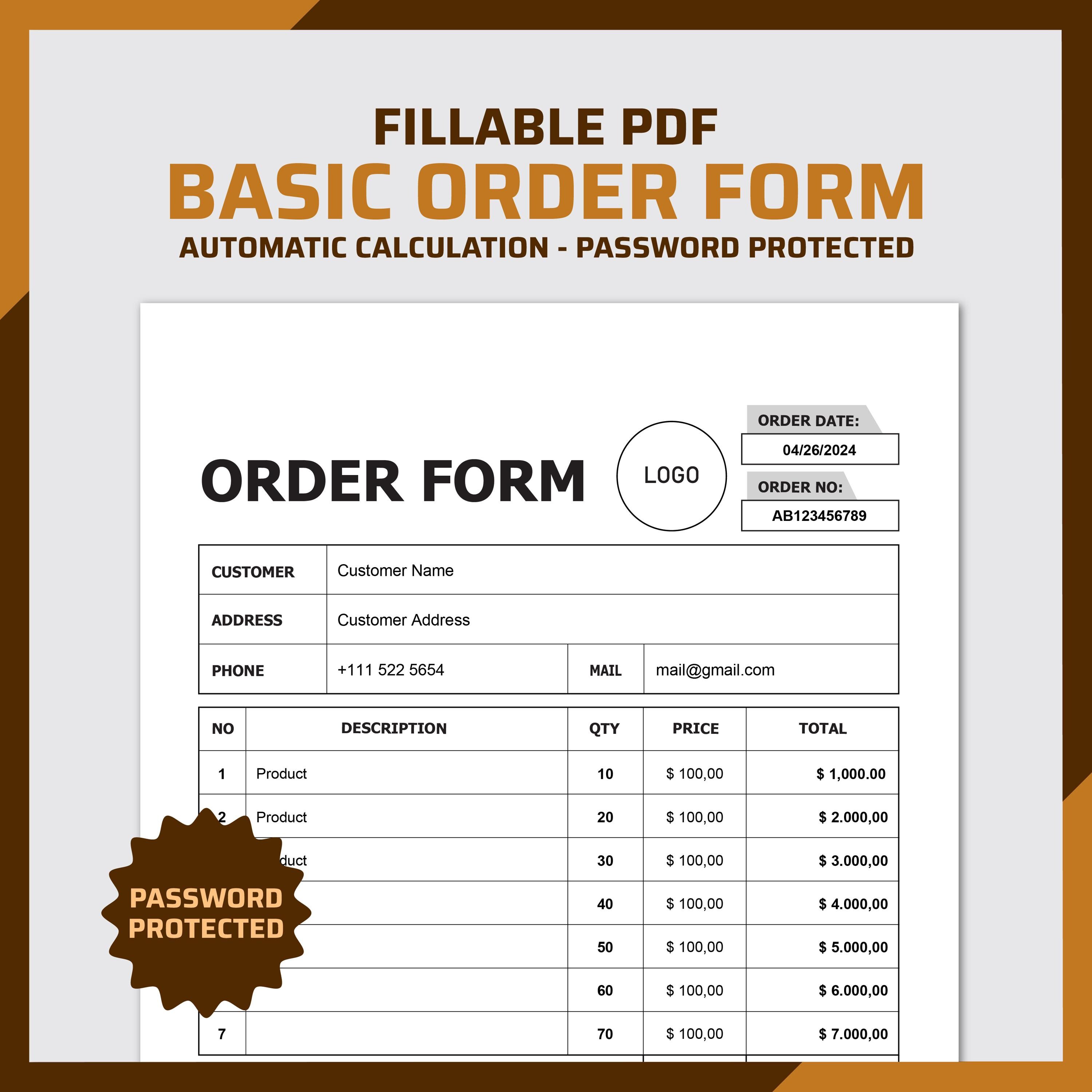 Fillable Order Form Template Printable, Order Form for Small Business ...