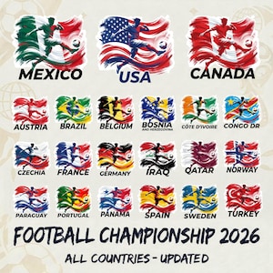 Puede incluir: Un conjunto de pegatinas con banderas y futbolistas que representan a varios pa&iacute;ses. Cada pegatina muestra la bandera del pa&iacute;s y un jugador con un bal&oacute;n de f&uacute;tbol. El texto incluye "Football Championship 2026" y los nombres de los pa&iacute;ses.