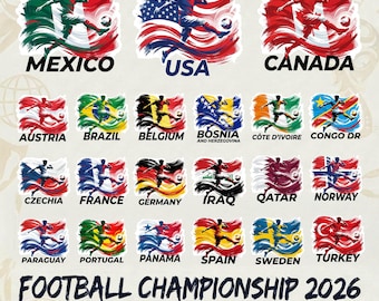 May include: A collection of stickers featuring flags and soccer players representing various countries. Each sticker has a unique design with the country's flag and a player kicking a soccer ball. Text includes "Football Championship 2026" and country names.