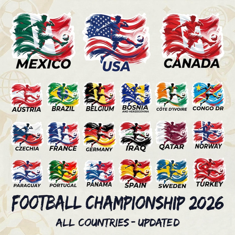 Puede incluir: Un conjunto de pegatinas con banderas y futbolistas que representan a varios pa&iacute;ses. Cada pegatina muestra la bandera del pa&iacute;s y un jugador con un bal&oacute;n de f&uacute;tbol. El texto incluye "Football Championship 2026" y los nombres de los pa&iacute;ses.