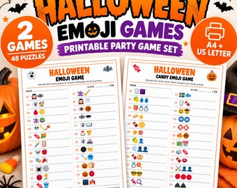 Può includere: Un set di giochi di emoji di Halloween stampabili con due fogli e 48 enigmi in totale. Il testo recita Halloween Emoji Games e Halloween Candy Emoji Game. I fogli includono elenchi numerati con sequenze di emoji per decodificare parole e frasi.