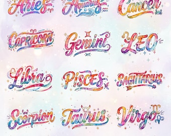 12 Glitter Zodiac PNG Bundle, Rainbow Sparkle Astrology Design, Colorful Celestial Graphics, Vibrant Zodiac Signs PNG, Glitter Horoscope Png