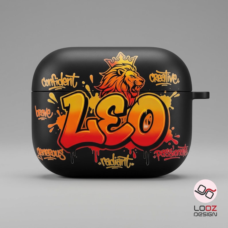 May include: Black AirPod case with a graffiti-style design. The case features the word "LEO" in orange and yellow, a lion illustration, and words like "confident" and "creative". The case has a glossy finish.