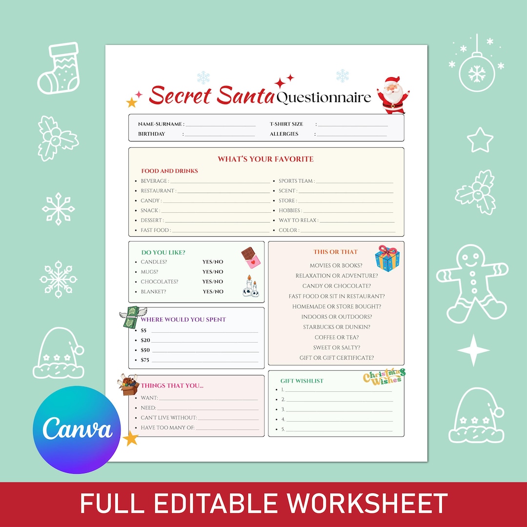 Secret Santa Friends Questionnaire.pdf Secret Santa Questionnaire Printable, Christmas Gift Exchange Favorites ...