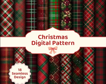 May include: A collection of 18 seamless Christmas digital patterns. The patterns feature various plaid designs in red, green, and white. Some patterns include glitter and festive accents. The image includes the text "Christmas Digital Pattern" and "18 Seamless Design".