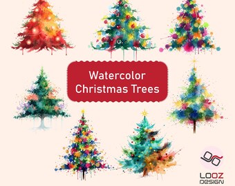 Watercolor Christmas Tree PNG Bundle, Abstract Holiday Tree Clipart Set, Festive Watercolor Art for Crafts, Printable Watercolor Clipart