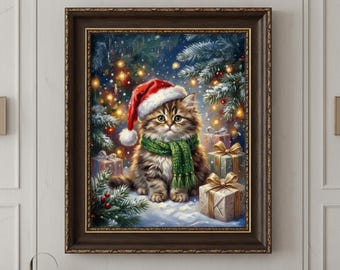 Christmas Cat Wall Art, Holiday Kitten Print, Winter Cat Poster, Kids Room Christmas Decor, Digital Download Christmas Artwork, Festive Art