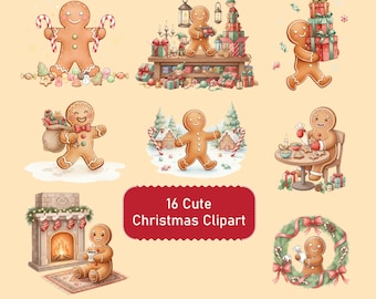 Imágenes prediseñadas navideñas de hombre de jengibre, PNG en acuarela, ilustraciones invernales acogedoras, lindo conjunto de PNG navideños (descarga digital)