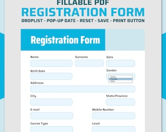 Ultimate Blue Fillable Registration Form with Droplist | Editable PDF | Course Signup Form | Student Enrollment Form | Instant Download