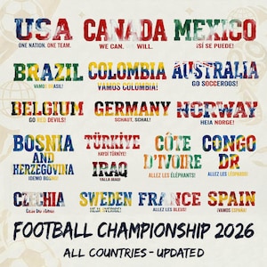 May include: A graphic featuring the words "Football Championship 2026" and country names like USA, Canada, and Mexico, each in a flag-themed font. Additional text includes team slogans.