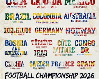 May include: A graphic featuring the words "Football Championship 2026" and country names like USA, Canada, and Mexico, each in a flag-themed font. Additional text includes team slogans.