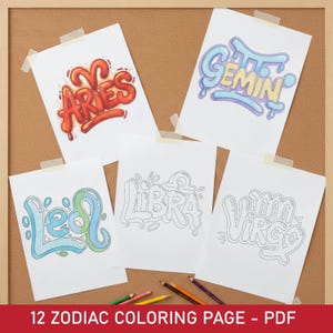 May include: Five white sheets of paper with zodiac sign illustrations, taped to a corkboard. The signs include Aries, Gemini, Leo, Libra, and Virgo. Colored pencils are at the bottom. Text at the bottom reads: 12 ZODIAC COLORING PAGE - PDF.