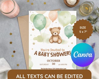 Editable Bear and Nature Themed Baby Shower Invitation, Cute Bear Style Digital Printable Template, Green Balloon Printable Invite PDF