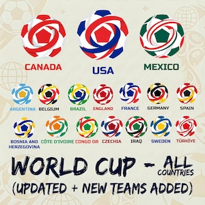 以下が含まれることがあります： 様々な国を象徴する、様式化されたサッカーボールのグラフィック。 ボールはチームカラーで、"CANADA"、"USA"、"MEXICO"などのテキストラベルが付いています。 画像には「WORLD CUP - ALL COUNTRIES (UPDATED + NEW TEAMS ADDED)」というテキストが含まれています。