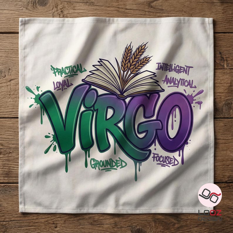 May include: White square fabric with a Virgo design. The word "Virgo" is in green and purple graffiti style, with words like "Practical", "Loyal", "Grounded", "Focused", "Intelligent", and "Analytical". An open book and wheat stalks are above the word.